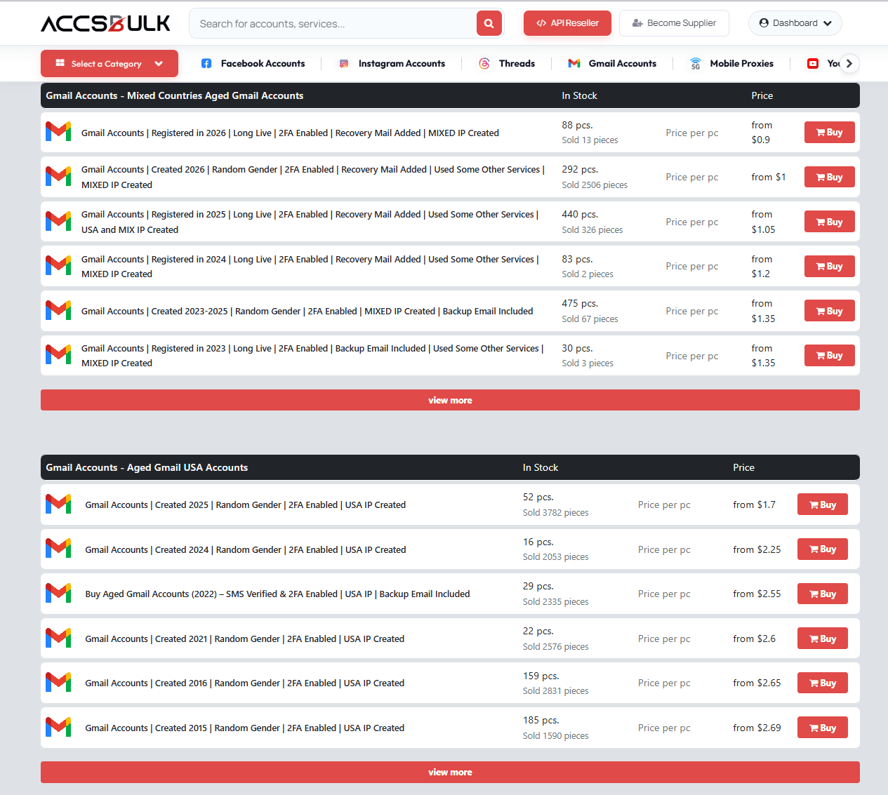 AccsBulk catalog showing Mixed Countries aged Gmail tiers from $0.90 and Aged Gmail USA accounts from 2015 to 2025