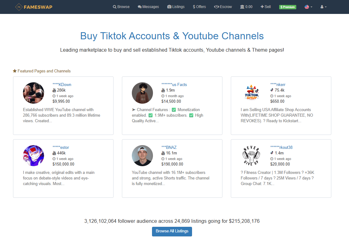 FameSwap homepage with featured TikTok and YouTube listings and the 3.1 billion follower audience across 24,869 listings counter