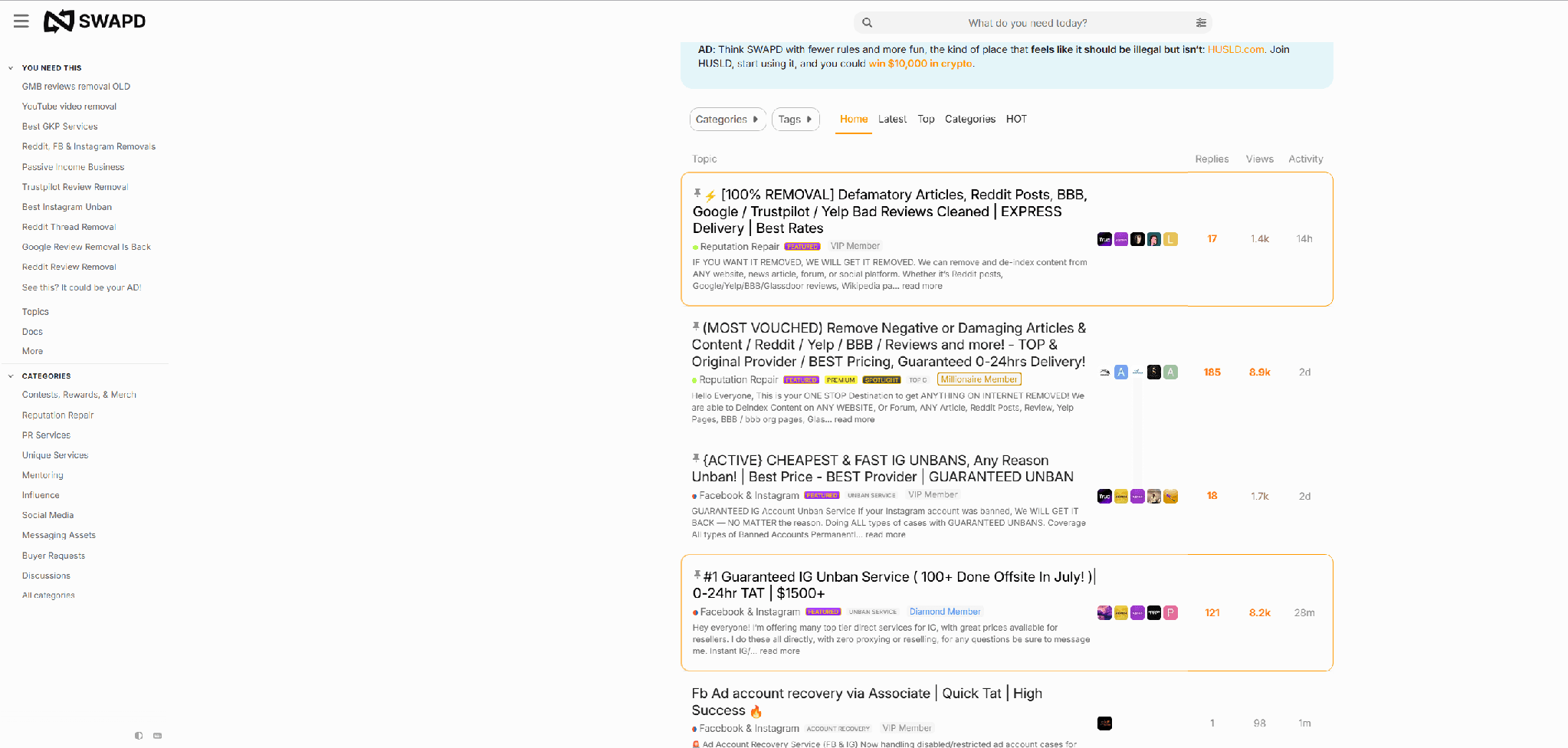 SWAPD forum marketplace homepage with categories sidebar and featured member listings