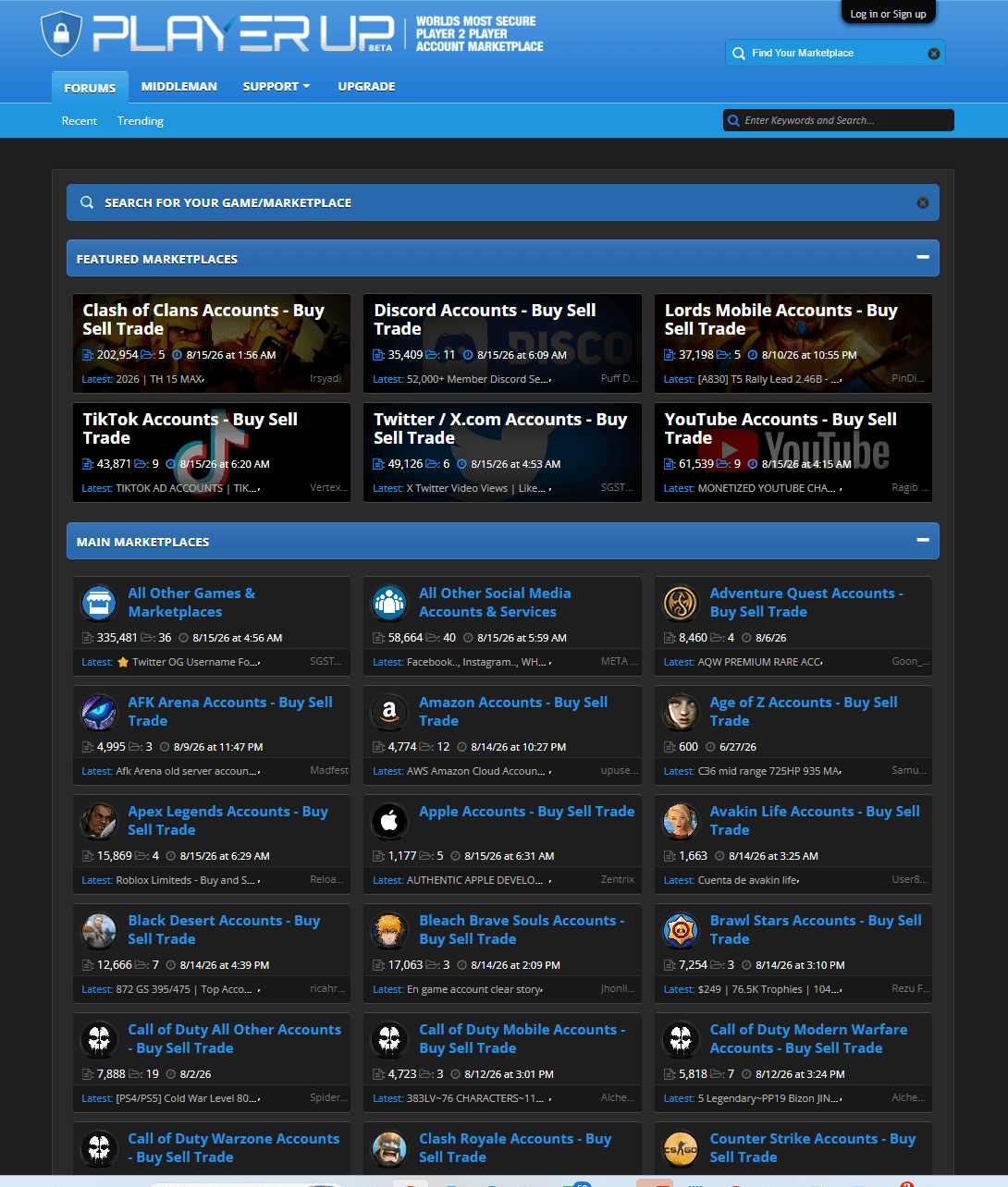 PlayerUp marketplace homepage with the Middleman tab and featured marketplaces from Clash of Clans to Discord and TikTok