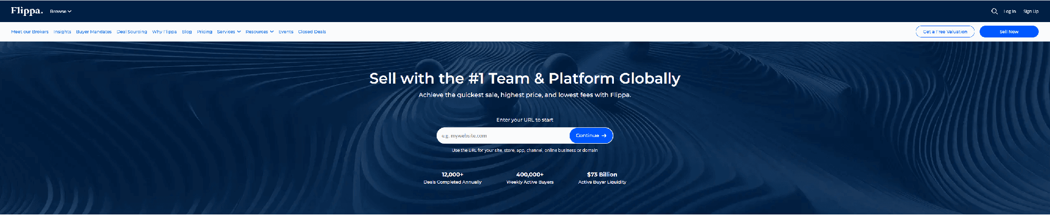 Flippa homepage showing 12,000+ deals completed annually, 400,000+ weekly active buyers and $73 billion in active buyer liquidity