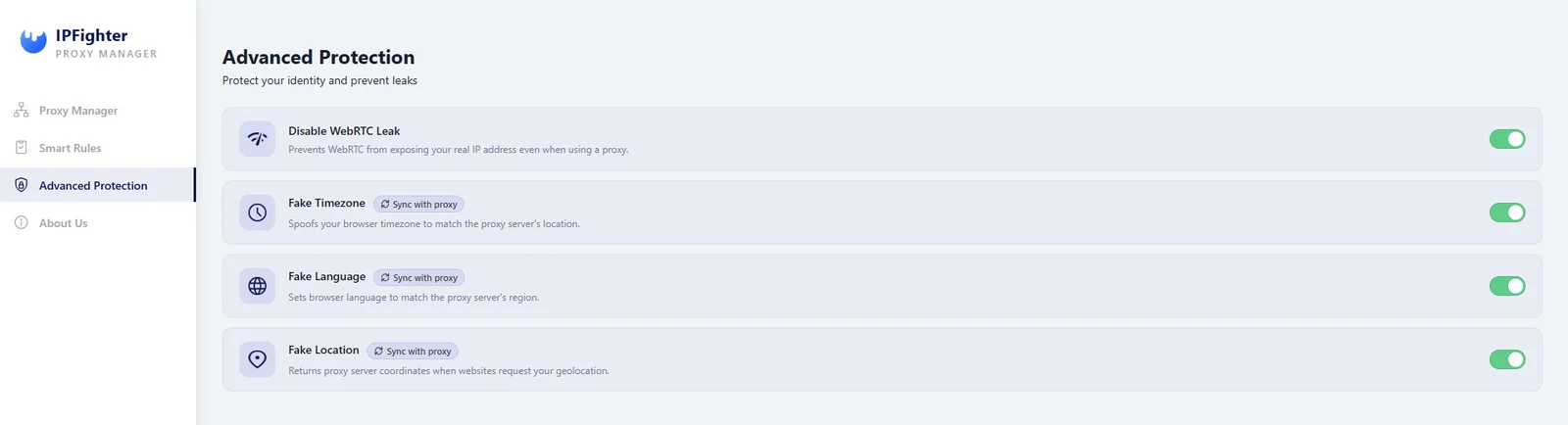 IPFighter Proxy Manager 的 Advanced Protection 设置：禁用 WebRTC 泄露、伪装时区、伪装语言和伪装位置