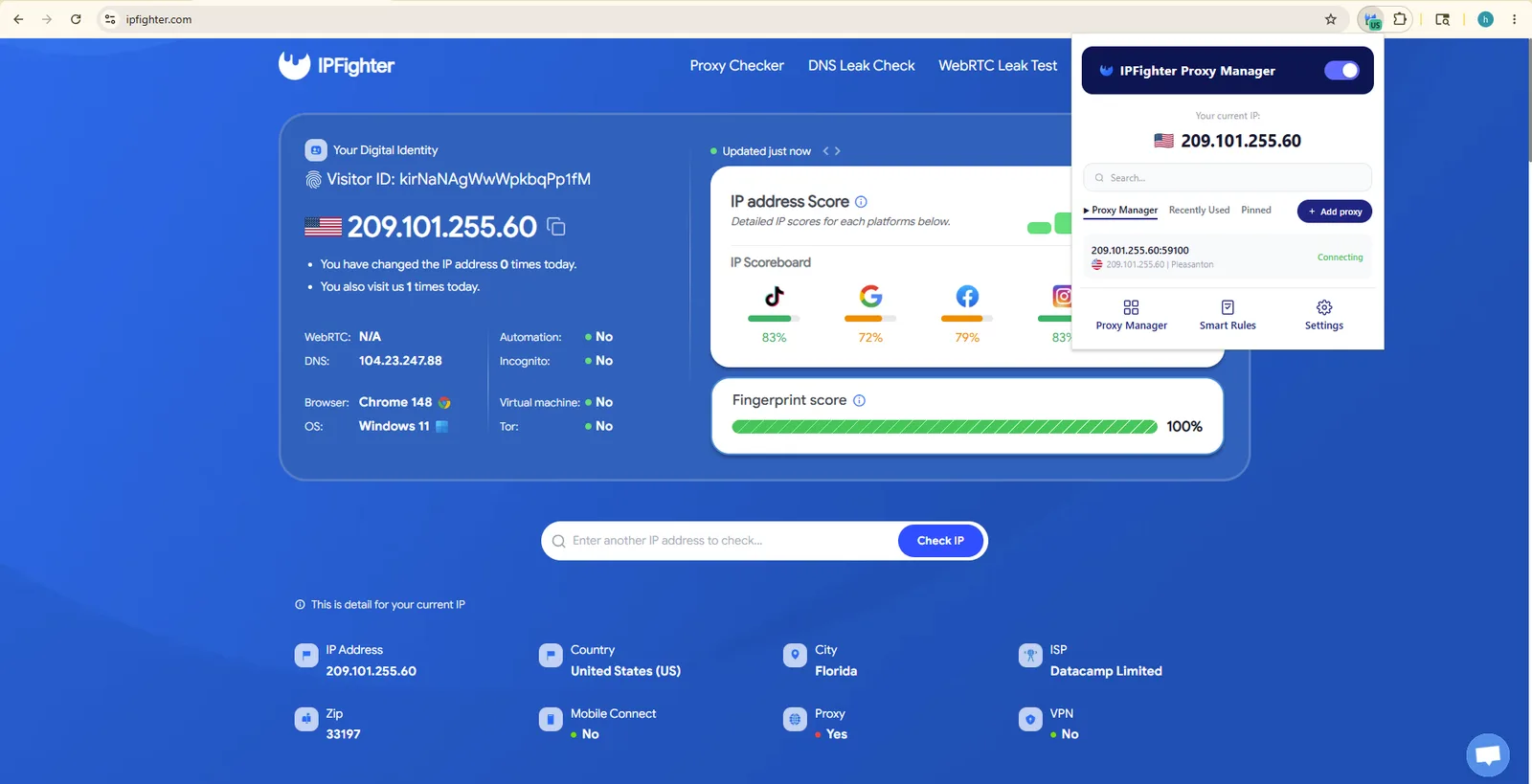 IPFighter 首页，显示分平台 IP Scoreboard、指纹评分和连接详情