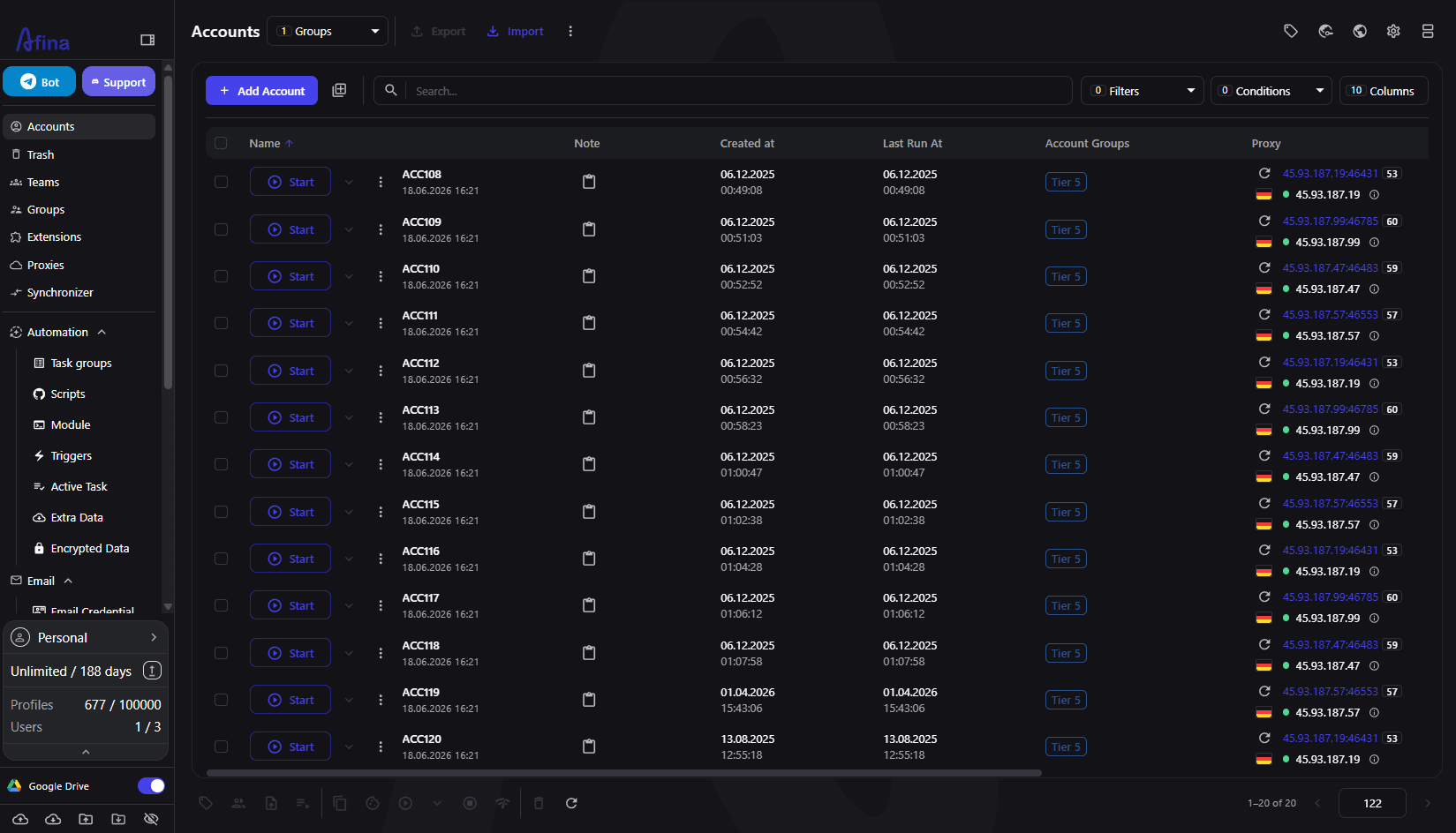Afina Browser accounts list - each profile is an isolated environment with its own cookies, storage and assigned proxy
