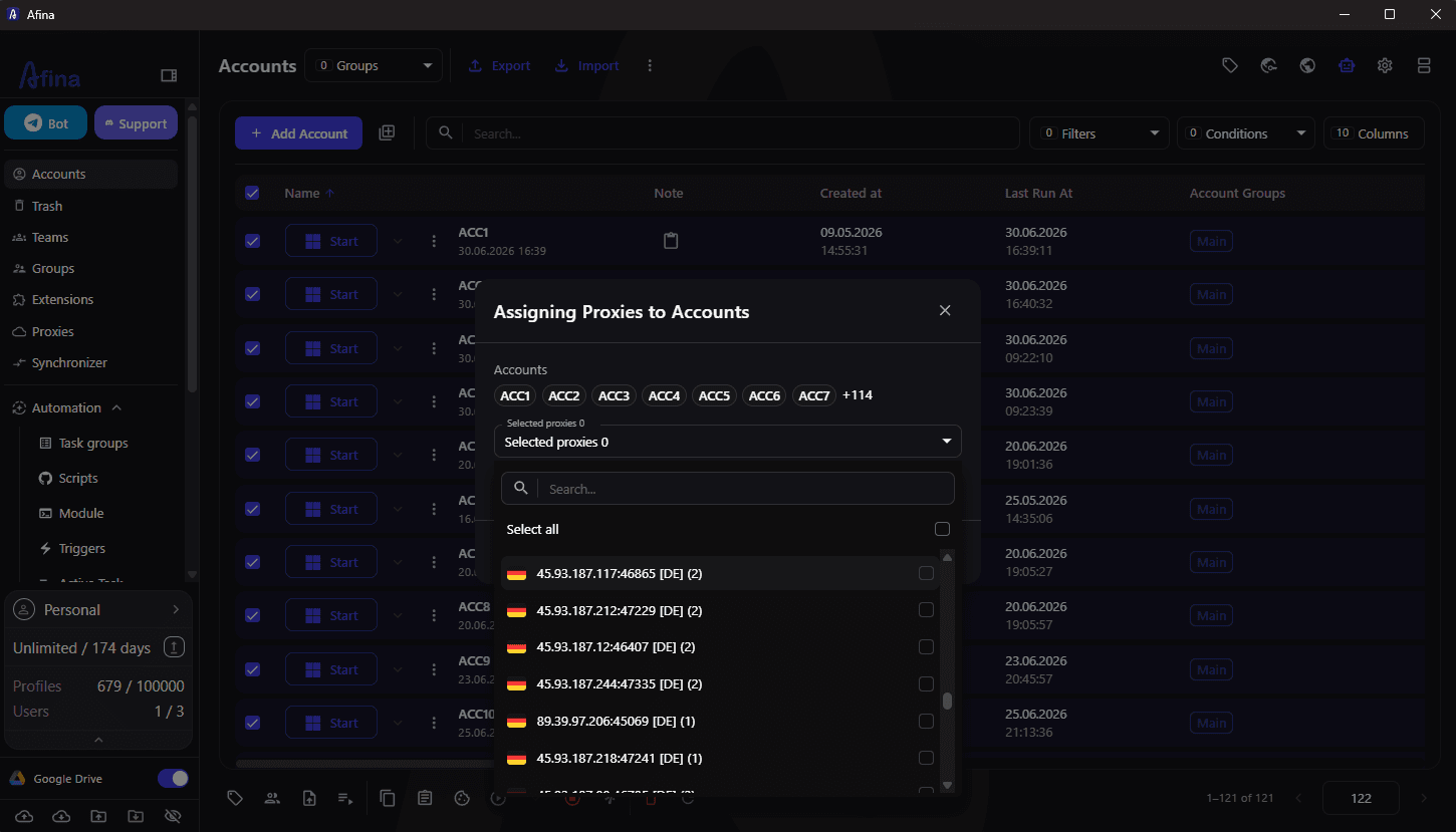 Assigning proxies in bulk inside Afina Browser - pull from saved proxies, take a random address, or use only unassigned proxies so no line is shared