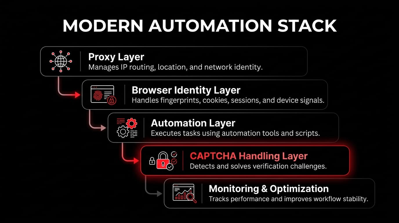 Modern automation stack: proxy layer, browser identity layer, automation layer, CAPTCHA handling layer, monitoring & optimization