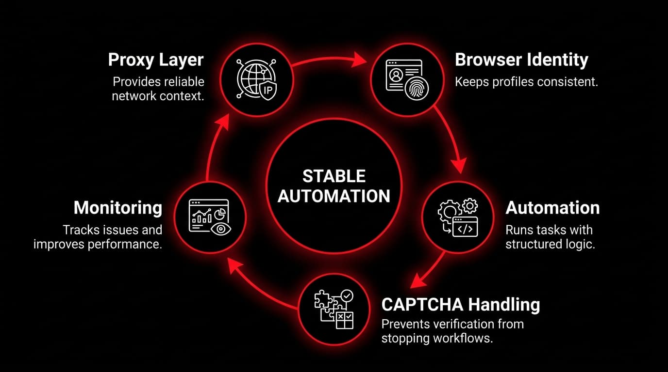 Stable automation loop: proxy layer, browser identity, automation, CAPTCHA handling, monitoring
