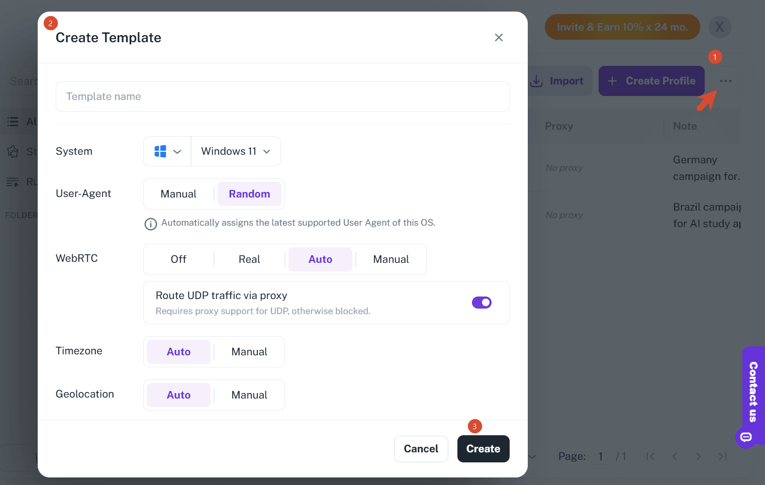 A Create Template dialog with system, user-agent, WebRTC, timezone and geolocation settings for reusable browser profiles