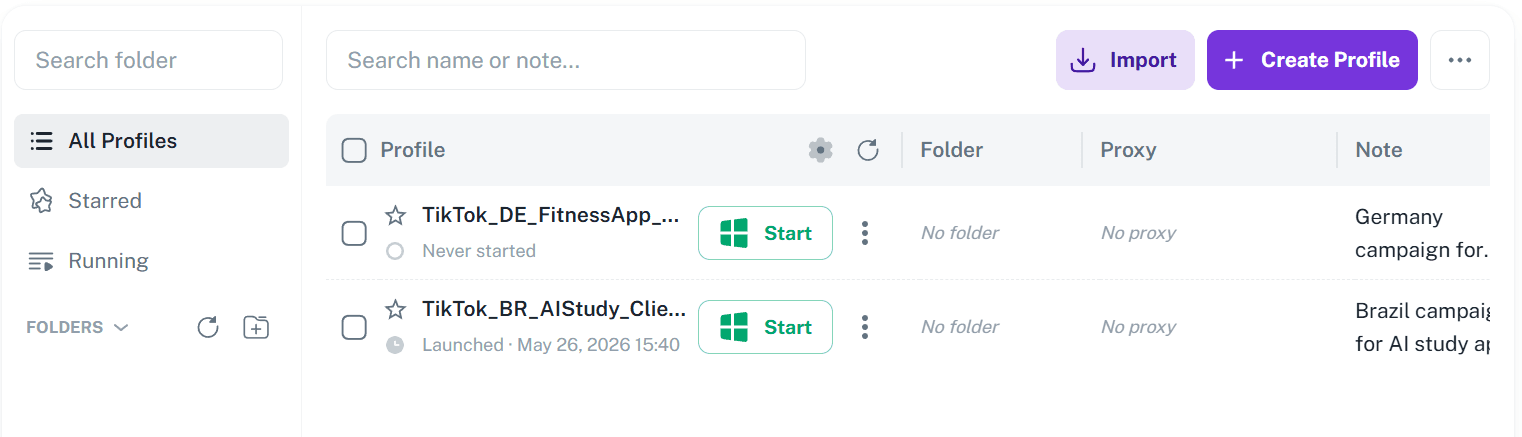 A browser profile list showing TikTok_DE_FitnessApp and TikTok_BR_AIStudy profiles with folder, proxy and note columns