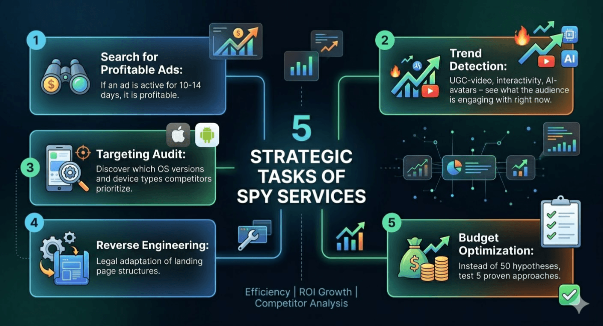 5 strategic tasks of spy services: search for profitable ads, trend detection, targeting audit, budget optimization, and reverse engineering of landing pages