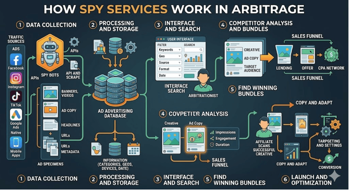 How spy services work in arbitrage: data collection, processing and storage, interface and search, competitor analysis, finding winning bundles, copy and adapt, launch and optimization