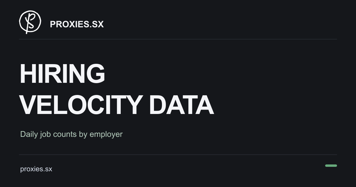 Hiring Velocity Data: Daily Job Counts by Employer. Proxies.sx logo and proxies.sx address on a dark background.