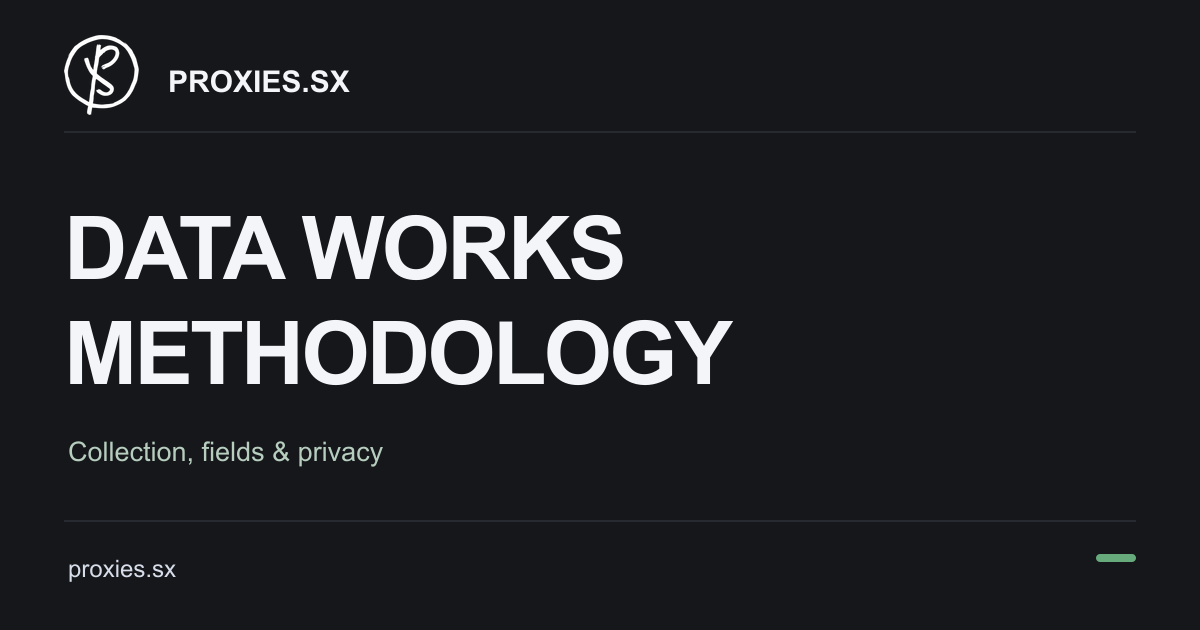 Data Works Methodology: Collection, Fields and Privacy. Proxies.sx logo and proxies.sx address on a dark background.