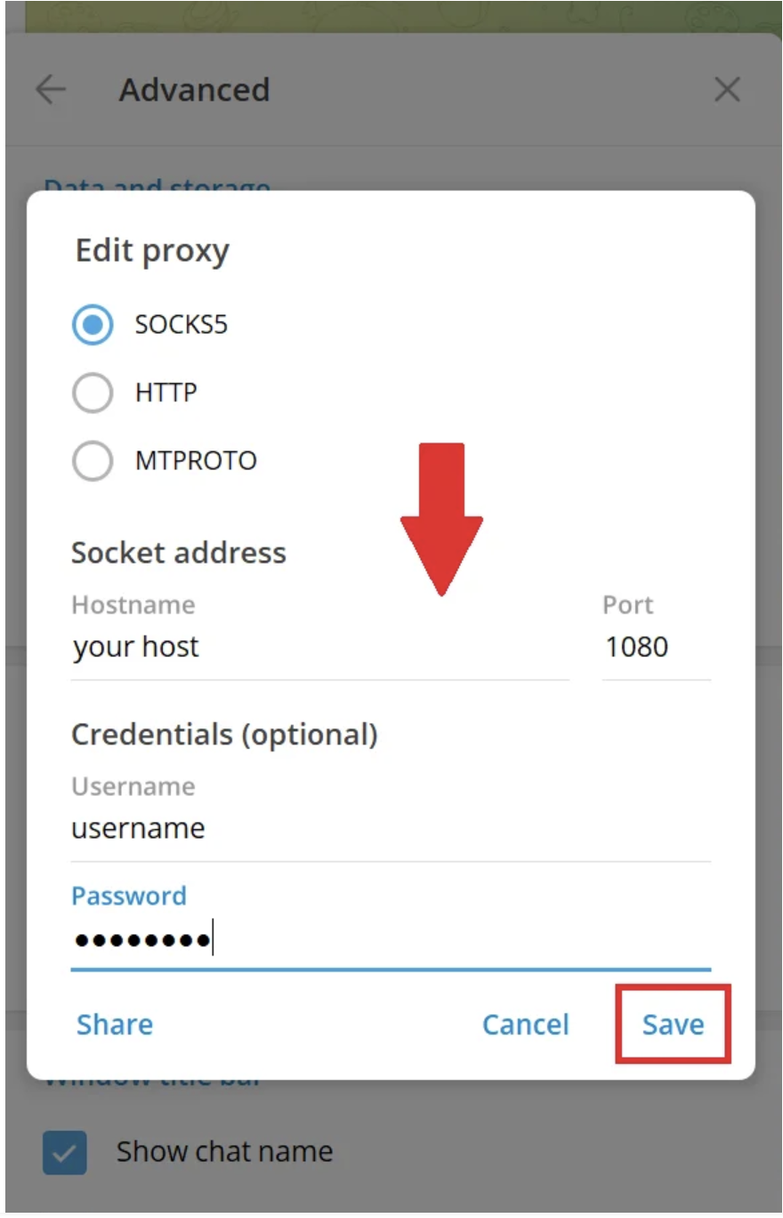 Окно настройки прокси в Telegram: SOCKS5, hostname, port, username, password