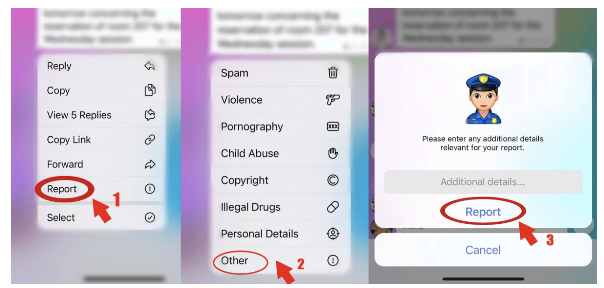 Три шага жалобы на сообщение в Telegram: Report → Other → подтверждение Report
